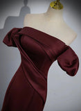 Charming Maroon Satin Mermaid Off Shoulder Prom Dress, Maroon Party Dress HZ1024