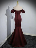 Charming Maroon Satin Mermaid Off Shoulder Prom Dress, Maroon Party Dress HZ1024