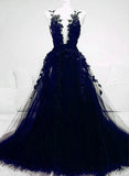A-line Navy Blue Tulle with Lace Long Evening Dress, Navy Blue Prom Dress HZ1024