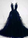 A-line Navy Blue Tulle with Lace Long Evening Dress, Navy Blue Prom Dress HZ1024