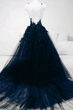 A-line Navy Blue Tulle with Lace Long Evening Dress, Navy Blue Prom Dress HZ1024