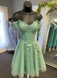 Green Off Shoulder Tulle with Beaded Short Party Dress, Green Homecoming Dress HZ1024