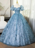 Lovely Blue Short Sleeves Long Party Dress With Butterfly Lace, Blue Prom Dress HZ1024