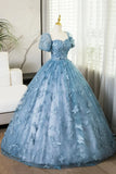 Lovely Blue Short Sleeves Long Party Dress With Butterfly Lace, Blue Prom Dress HZ1024