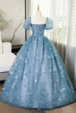 Lovely Blue Short Sleeves Long Party Dress With Butterfly Lace, Blue Prom Dress HZ1024