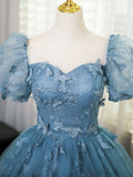 Lovely Blue Short Sleeves Long Party Dress With Butterfly Lace, Blue Prom Dress HZ1024