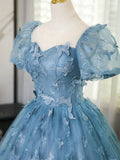 Lovely Blue Short Sleeves Long Party Dress With Butterfly Lace, Blue Prom Dress HZ1024