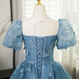 Lovely Blue Short Sleeves Long Party Dress With Butterfly Lace, Blue Prom Dress HZ1024