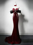 Wine Red Mermaid Velvet Beaded Long Formal Dress, Wine Red Prom Dress HZ1024