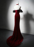Wine Red Mermaid Velvet Beaded Long Formal Dress, Wine Red Prom Dress HZ1024