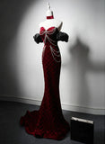 Wine Red Mermaid Velvet Beaded Long Formal Dress, Wine Red Prom Dress HZ1024