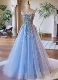 Light Blue Tulle Straps with Lace Applique Prom Dress, Light Blue Party Dress HZ1024