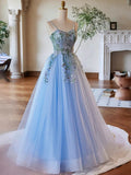 Light Blue Tulle Straps with Lace Applique Prom Dress, Light Blue Party Dress HZ1024