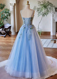 Light Blue Tulle Straps with Lace Applique Prom Dress, Light Blue Party Dress HZ1024