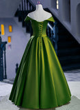 A-line Green Satin Floor Length Party Dress, Green Long Formal Dress HZ1024