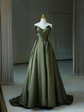 Dark Green Satin V-Neck Long Prom Dress, A-Line Strapless Evening Party Dress HZ1024