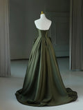 Dark Green Satin V-Neck Long Prom Dress, A-Line Strapless Evening Party Dress HZ1024