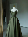 Dark Green Satin V-Neck Long Prom Dress, A-Line Strapless Evening Party Dress HZ1024