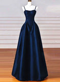Retro A-Line Navy Blue Satin Spaghetti Straps Long Formal Dress Prom Dress Evening Dress HZ1024
