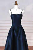 Retro A-Line Navy Blue Satin Spaghetti Straps Long Formal Dress Prom Dress Evening Dress HZ1024