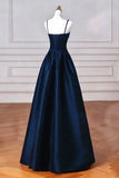 Retro A-Line Navy Blue Satin Spaghetti Straps Long Formal Dress Prom Dress Evening Dress HZ1024