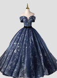 Retro Navy Blue Sweetheart Off-the-shoulder Quinceanera A-Line Long Formal Dress Sweet 16 Ball Gown HZ1024
