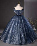 Retro Navy Blue Sweetheart Off-the-shoulder Quinceanera A-Line Long Formal Dress Sweet 16 Ball Gown HZ1024