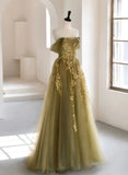 A-Line Off Shoulder Long Prom Dress, Green Tulle Formal Evening Dress HZ1024