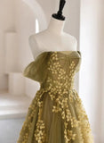 A-Line Off Shoulder Long Prom Dress, Green Tulle Formal Evening Dress HZ1024
