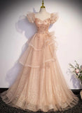 Champagne A-Line Tulle BeadedLong Prom Dress, Champagne Formal Dress HZ1024