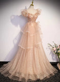 Champagne A-Line Tulle BeadedLong Prom Dress, Champagne Formal Dress HZ1024