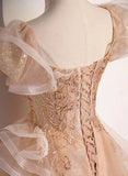 Champagne A-Line Tulle BeadedLong Prom Dress, Champagne Formal Dress HZ1024