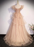 Champagne A-Line Tulle BeadedLong Prom Dress, Champagne Formal Dress HZ1024