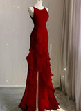 Wine Red Long Round Neckline Low Back, Wine Red Evening Dress Prom Dress HZ1024