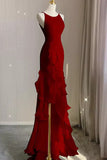 Wine Red Long Round Neckline Low Back, Wine Red Evening Dress Prom Dress HZ1024