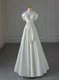 White Satin A-line Off Shoulder Evening Dress, White Satin Long Wedding Party Dress HZ1024
