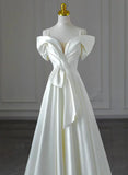 White Satin A-line Off Shoulder Evening Dress, White Satin Long Wedding Party Dress HZ1024