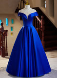 Royal Blue Satin A-line Long Evening Dress, Royal Blue Prom Dress HZ1024