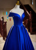 Royal Blue Satin A-line Long Evening Dress, Royal Blue Prom Dress HZ1024
