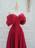 Red Satin A-line Straps Long Evening Dress, Red Long Party Dress HZ1024
