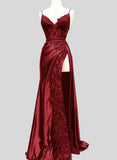 Wine Red Satin with Lace Formal Dress, Wine Red Evening Dress Prom Dress HZ1024
