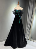 A-line Black Velvet and Tulle Off Shoulder Party Dress, Black Long Prom Dress HZ1024