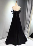 A-line Black Velvet and Tulle Off Shoulder Party Dress, Black Long Prom Dress HZ1024