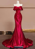Wine Red Off Shoulder Satin Long Evening Dress, Wine Red Prom Dress HZ1024