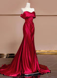 Wine Red Off Shoulder Satin Long Evening Dress, Wine Red Prom Dress HZ1024