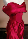 Wine Red Off Shoulder Satin Long Evening Dress, Wine Red Prom Dress HZ1024