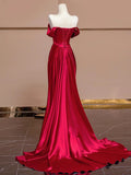 Wine Red Off Shoulder Satin Long Evening Dress, Wine Red Prom Dress HZ1024