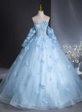Cute Blue Tulle With Flowers Long Formal Dress, Blue Evening Gown Sweet 16 Dress HZ1024