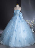 Cute Blue Tulle With Flowers Long Formal Dress, Blue Evening Gown Sweet 16 Dress HZ1024