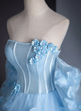 Cute Blue Tulle With Flowers Long Formal Dress, Blue Evening Gown Sweet 16 Dress HZ1024